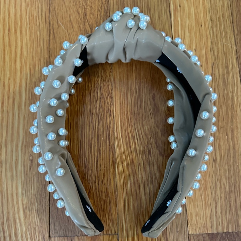 Lele Sadoughi taupe colored headband with pearls